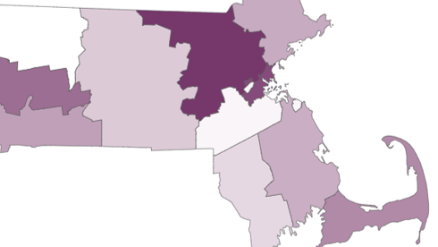 Image of counties in Massachusetts colored varying shades of purple.